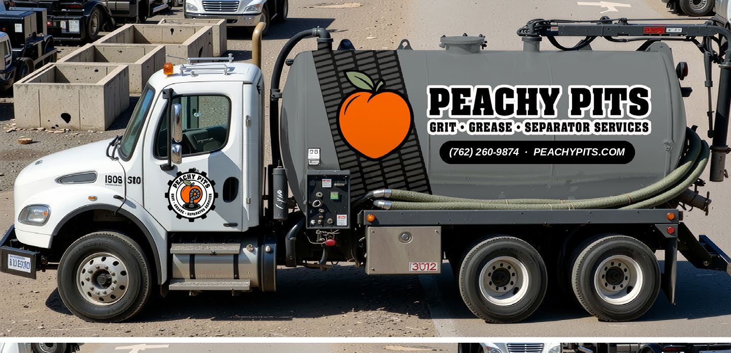 Full-width Peachy Pits branded vacuum truck artwork from the current website