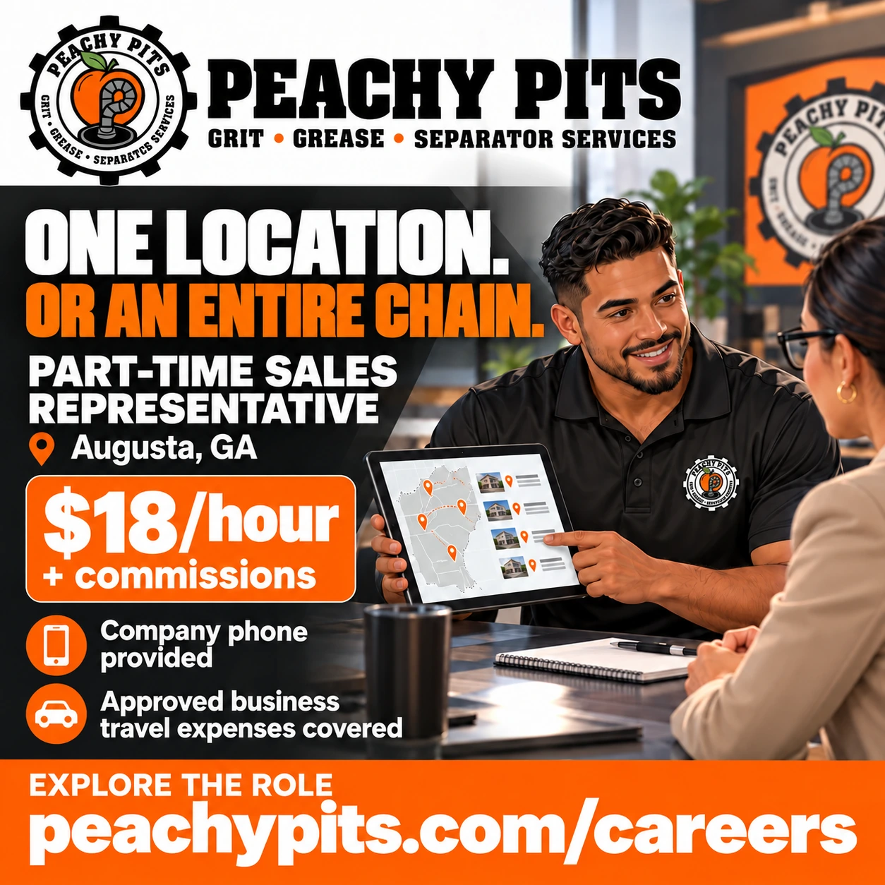 Peachy Pits part-time sales representative poster: a representative discussing a multi-site account with a customer. Augusta, GA; $18 per hour plus commissions; company phone and approved business travel expenses.