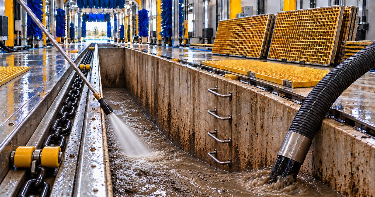 Approved flyer illustration of vacuuming sludge from a deep car-wash conveyor trench with yellow grates