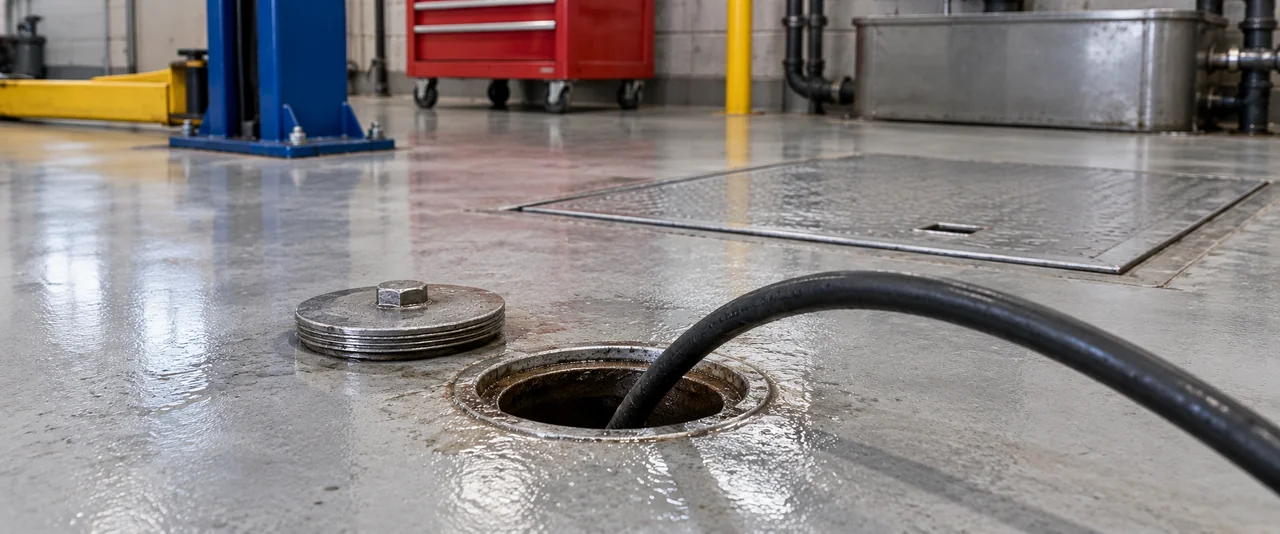 Illustration of a truck-fed jetting hose entering a workshop drain cleanout near an oil-water separator