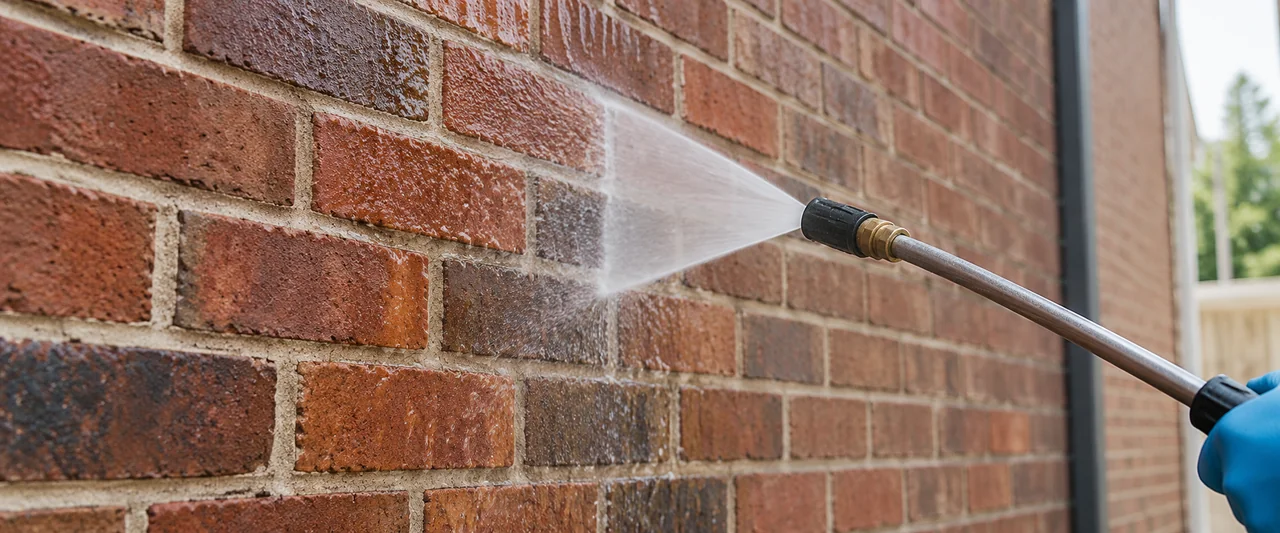 Illustration of a controlled fan rinse cleaning a brick wall