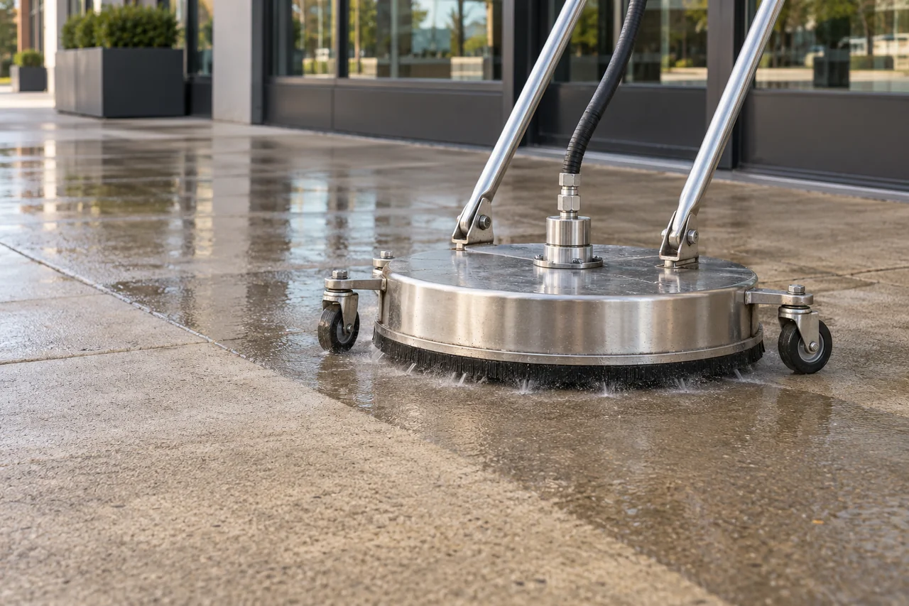 Service illustration: rotary surface cleaner washing concrete outside a commercial building
