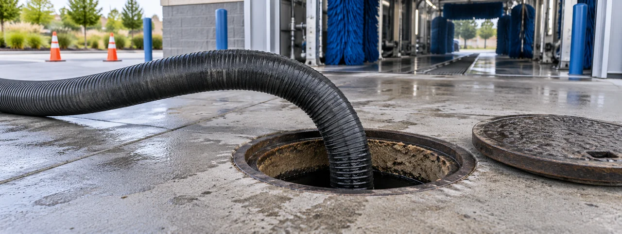 Illustration of a vacuum hose pumping an underground grit trap through an exterior access opening at an express car wash