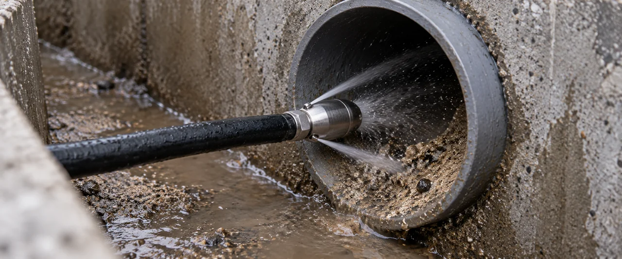 Illustration of a high-pressure jetting nozzle entering a drainage line from the side of a car-wash trench