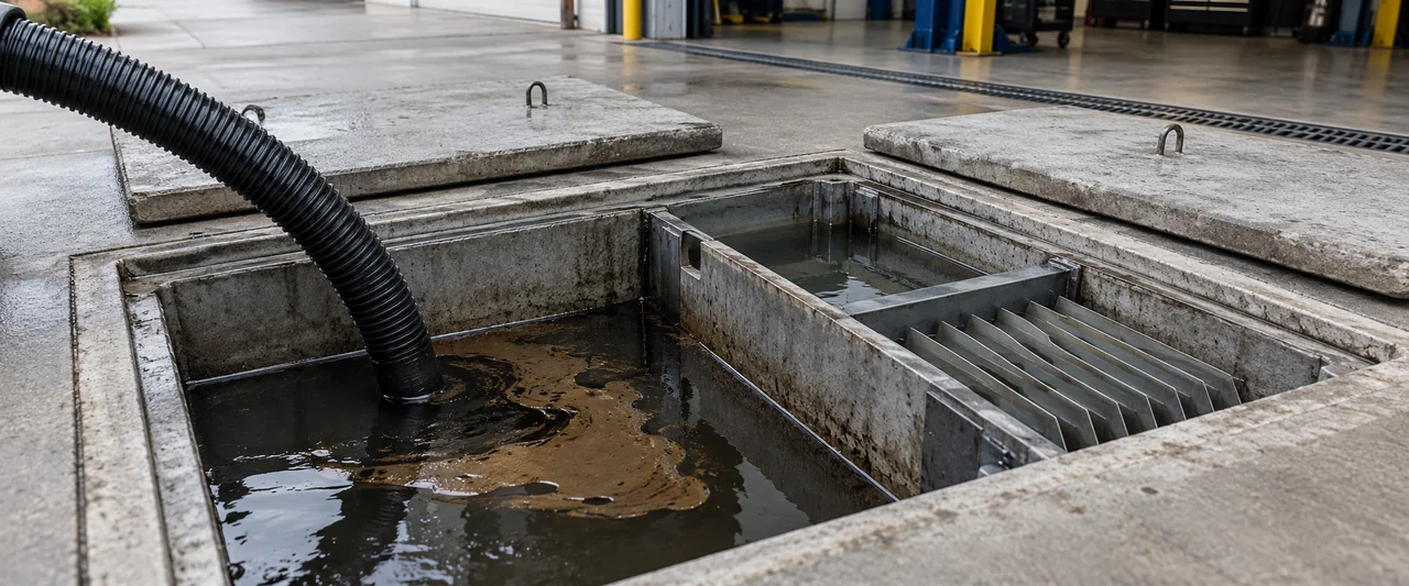 Illustration of oil-water separator pumping beside an automotive service facility