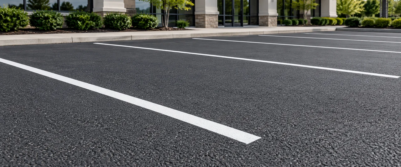 Representative illustration of refreshed white parking-space markings on a commercial asphalt lot