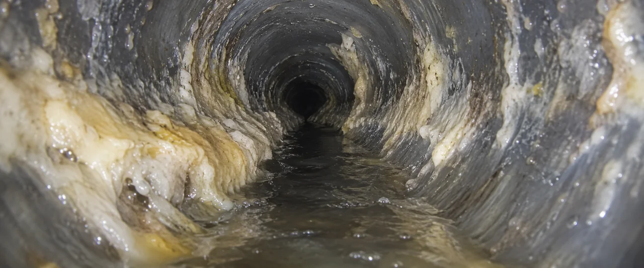 Representative inspection-camera view of grease buildup inside a restaurant drain line
