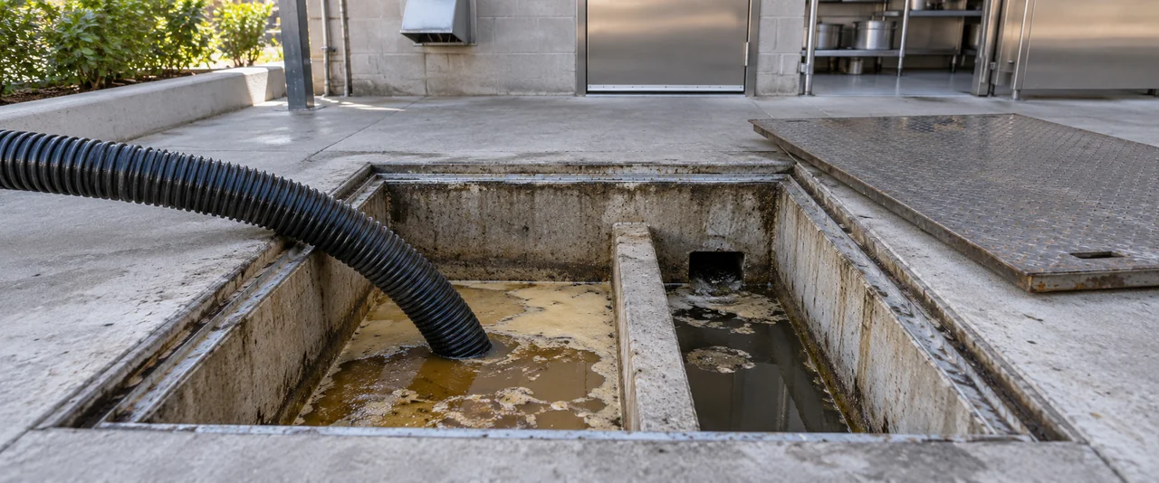 Illustration of a vacuum hose pumping a grease interceptor outside a restaurant kitchen
