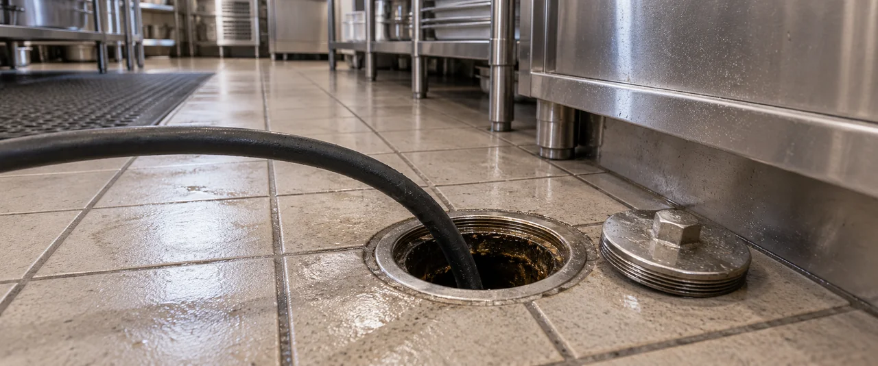 Illustration of a truck-fed jetting hose entering a drain cleanout in a commercial kitchen
