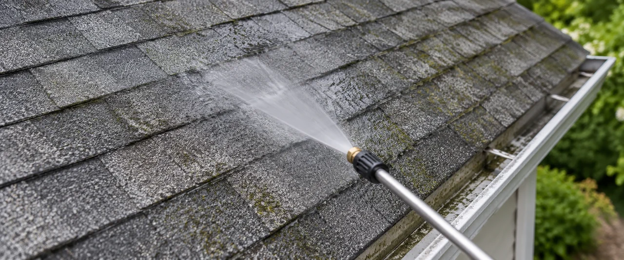 Illustration of a soft-wash lance applying a gentle spray across roof shingles