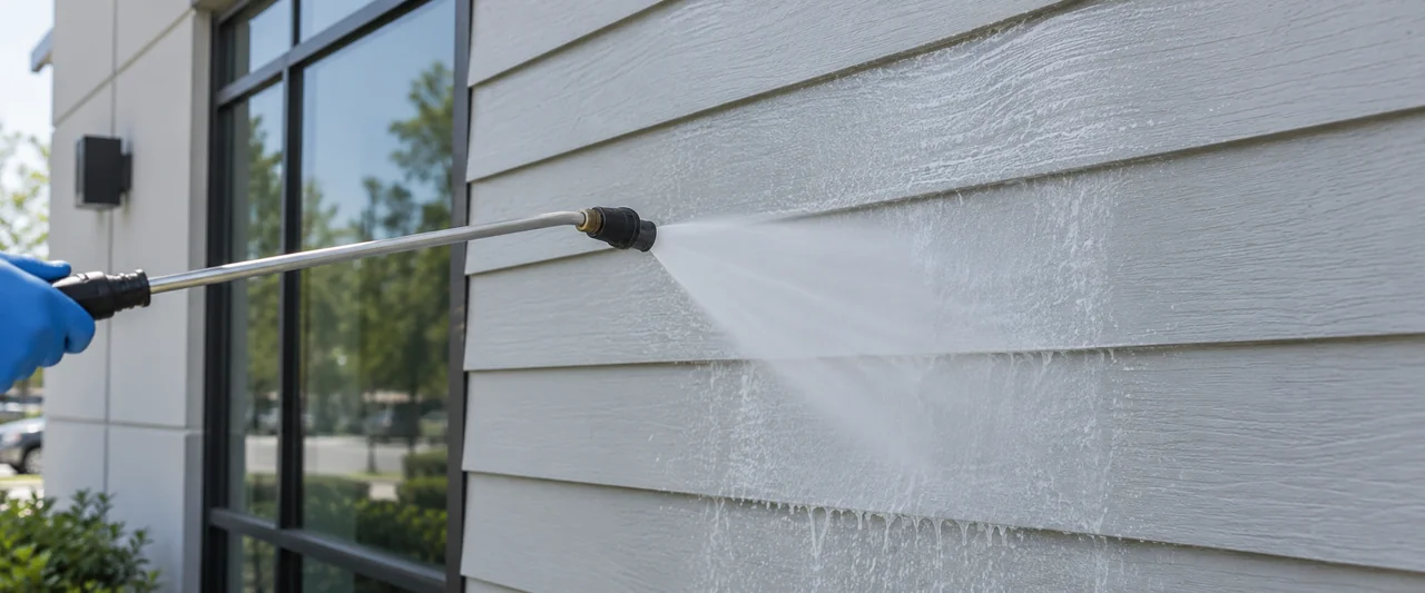 Illustration of a spray wand washing siding around a building window