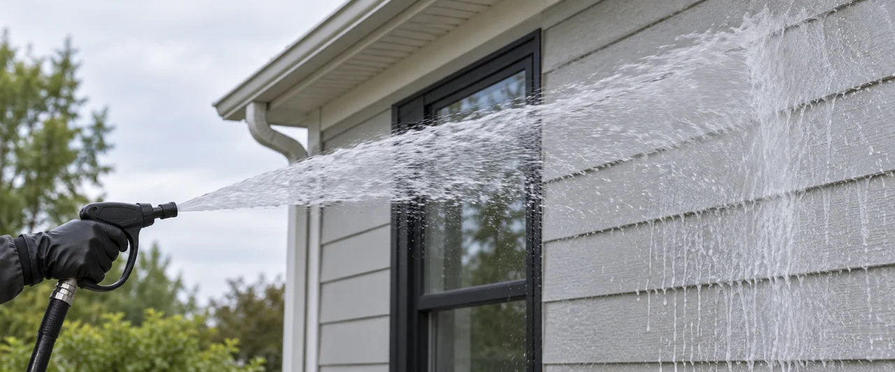 Illustration of high-volume, lower-pressure soft-wash solution application to building siding