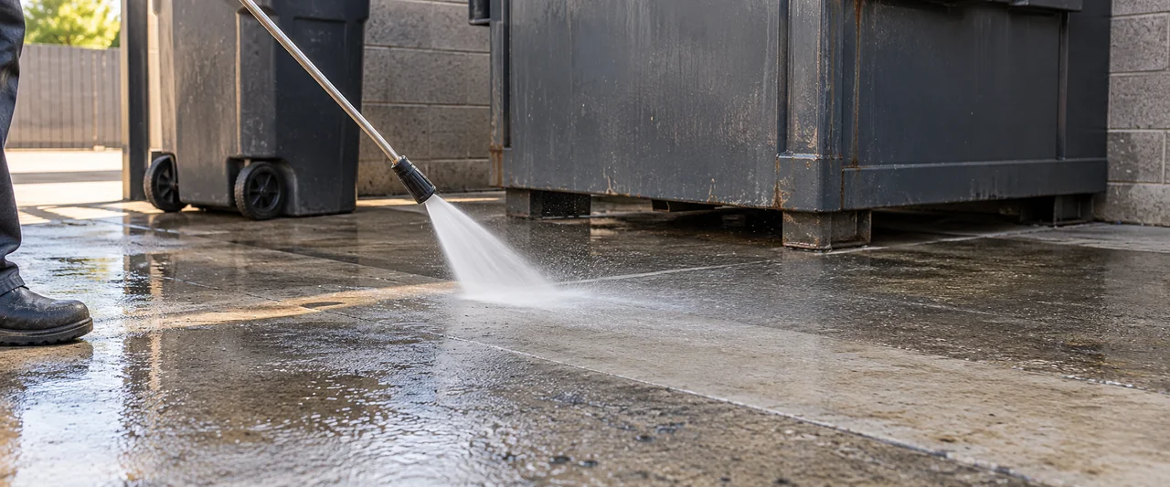Illustration of concrete-pad cleaning in a commercial trash collection area
